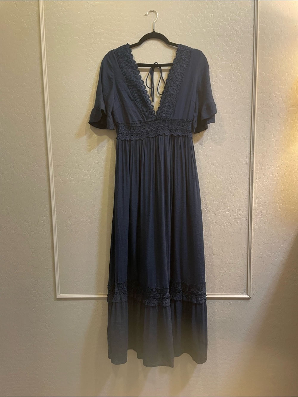 Deep V Navy Crochet-Trim Maxi Dress with Tie Back